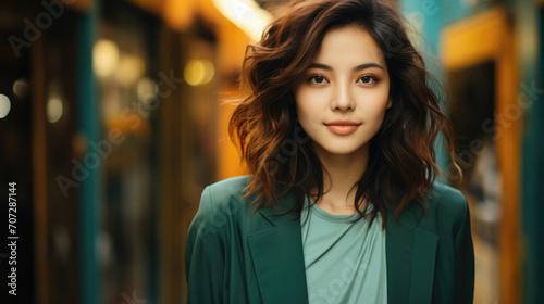 Portrait of a beautiful young brunette woman in a green blazer .