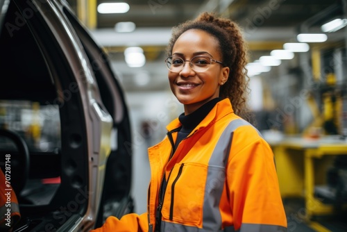 Portrait of a smiling young woman working in automotive factory photo