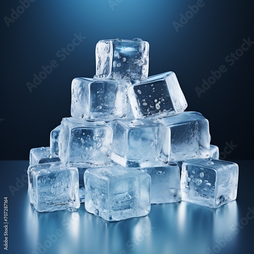 Ice cubes on blue background. 3D illustration. Square image.AI.