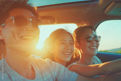A group of people sitting together inside a car. This image can be used to depict carpooling, road trips, family outings, or traveling with friends photo