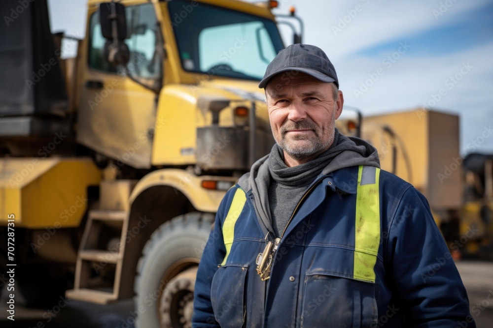 Portrait of a construction worker with smile at heavy machinery site Portrait of a construction worker with smile at heavy machinery site