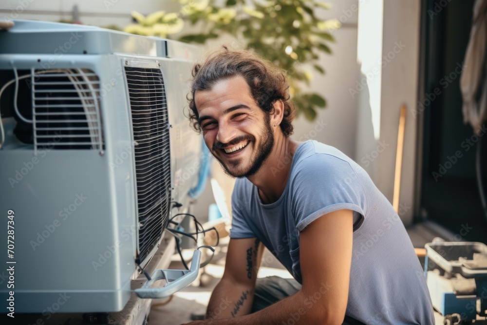 Fototapeta premium Portrait of a young male technician working on air control unit