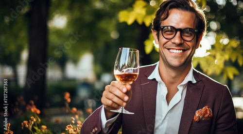 Elegance in a Glass: Explore the world of refined leisure as a man, with glasses, enjoys the richness of wine outdoors, portraying a reductionist form in a lighthearted celebrity portrait with photo