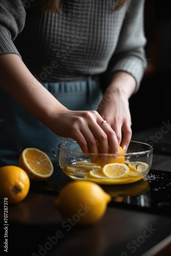 cropped shot of a woman using lemon for cooking