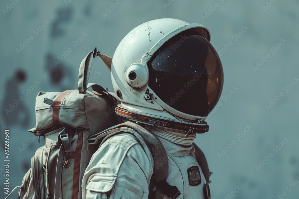 A man wearing a space suit and carrying a backpack, ready for an adventure. Perfect for science fiction themes and space exploration concepts