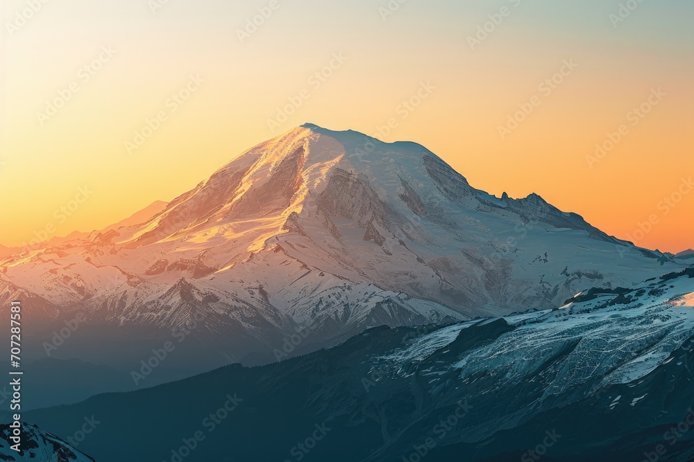 A beautiful snow covered mountain illuminated by the warm colors of the sunset. Ideal for nature and landscape enthusiasts