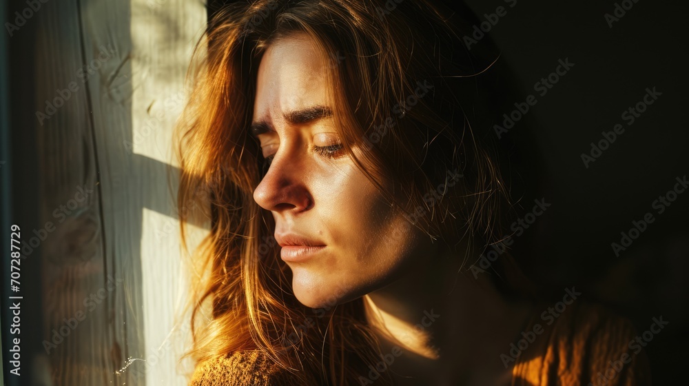 sad and depressed woman looking out of window - obrazy, fototapety, plakaty 