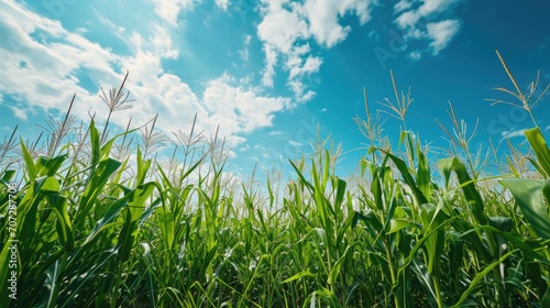 young fresh growning corn field with blue sky