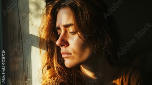 sad and depressed woman looking out of window photo