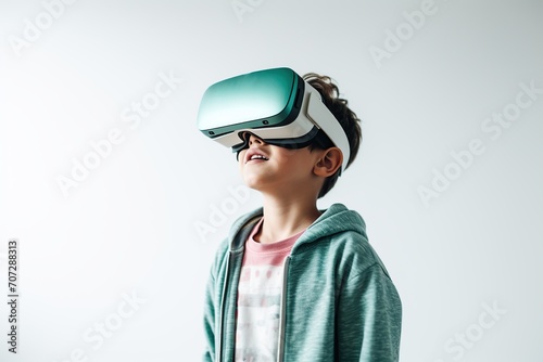 Child boy wearing virtual reality glasses on white background © Alina