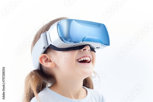 Child girl wearing virtual reality glasses on white background