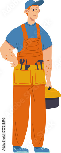 Working locksmith character hold working instrument, construction labour plumber, employee tool cartoon vector illustration, isolated on white. Young male technician mechanic professional.