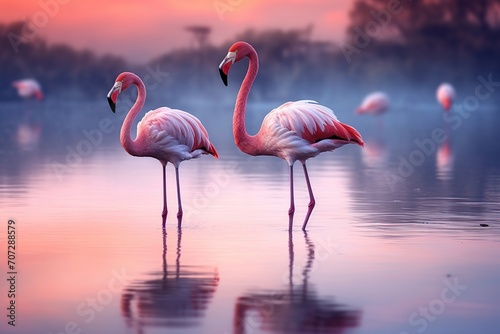 Pink flamingos standing in a lake