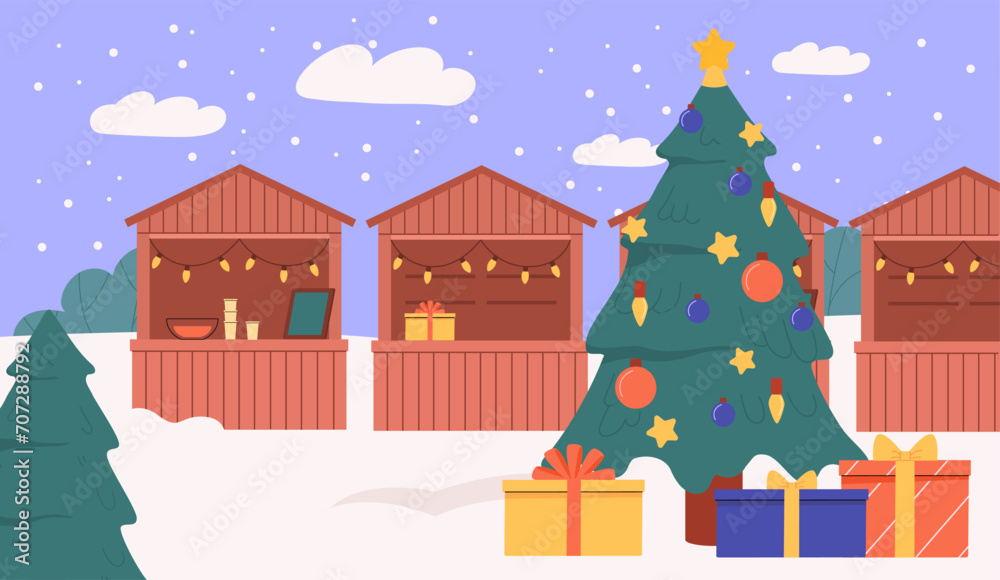 Stalls on winter street concept. Urban cityscape with gifts and presents, Christmas tree. New Year and Noel Eve. Markets and shops in snowy weather. Cartoon flat vector illustration