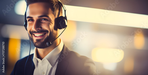 Portrait of smiling male customer support phone operator at office. Call center and customer service concept