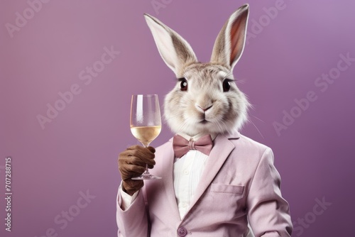 Easter bunny in suit and bow tie with glass of wine on purple background © Владимир Солдатов