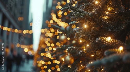 A close-up view of a beautifully decorated Christmas tree with twinkling lights. Perfect for holiday-themed designs and festive decorations