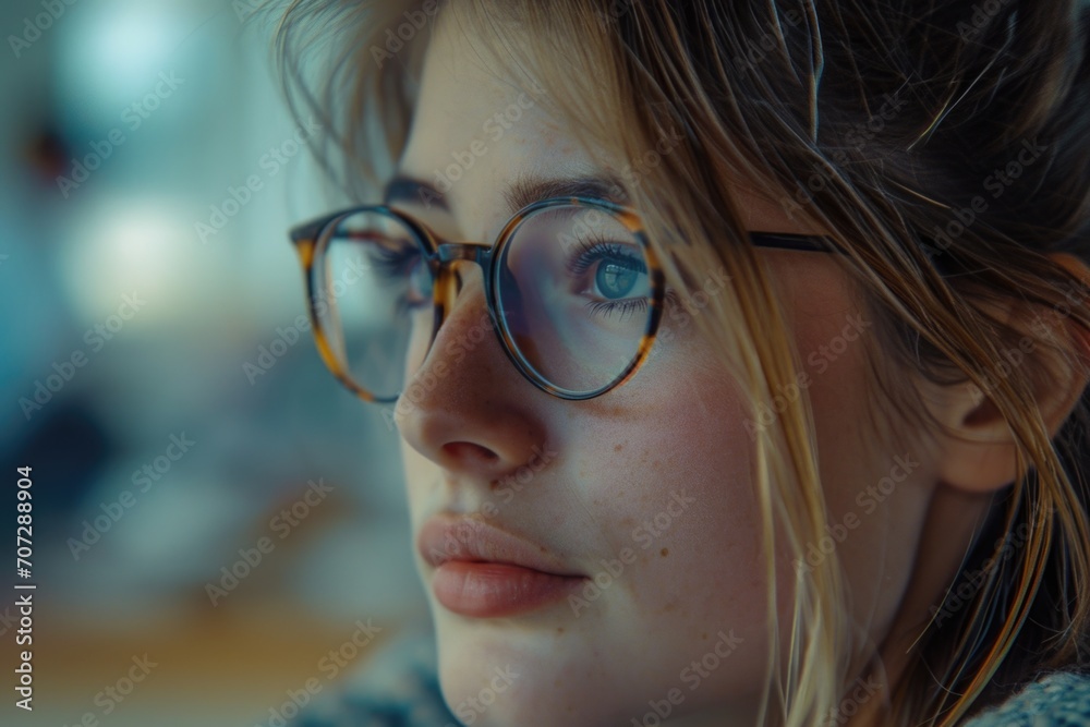 A close-up view of a person wearing glasses. This image can be used to illustrate concepts related to vision, eyewear, or professionalism