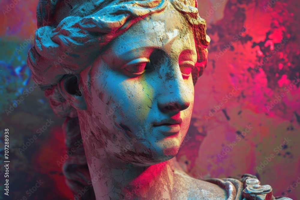 Detail of an ancient greek woman statue on a colorful background