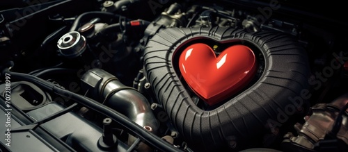 Close up of red heart on the engine of a modern car.