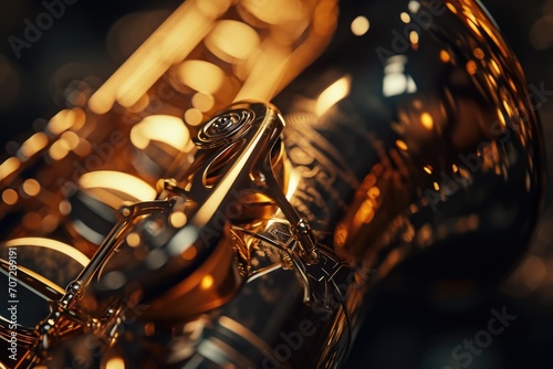 A detailed close-up of a saxophone in a room. Perfect for musicians and music enthusiasts.