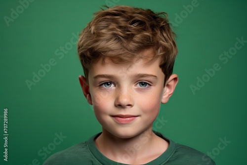 Portrait of a little boy with blond hair on a green background