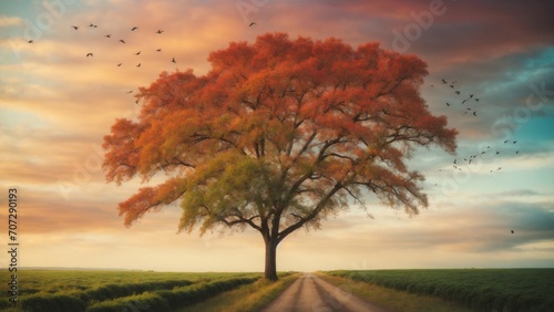 Autumn landscape with trees, beautiful scenery, cinematic, birds, road, portrait, wallpaper, 4k resolution images, ai generative