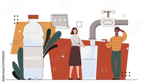 People with water concept. Man and woman near large tap with water flow and plastic bottle. Young guy and girl fighting thirst. Cartoon flat vector illustration isolated on white background