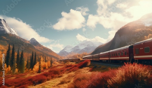 a train is traveling through mountain ranges in autumn.