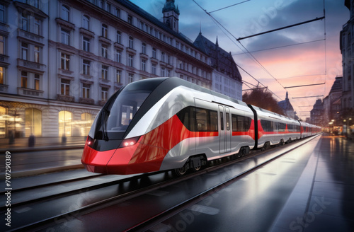 a red fast train moving on a city street.