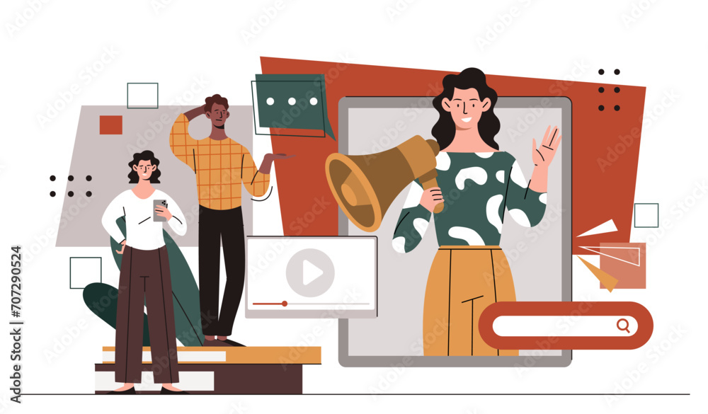 People with website concept. Man and woman look at girl with loudspeaker. Electronic commerce and marketing on internet, advertising. Cartoon flat vector illustration isolated on white background People with website concept. Man and woman look at girl with loudspeaker. Electronic commerce and marketing on internet, advertising. Cartoon flat vector illustration isolated on white background
