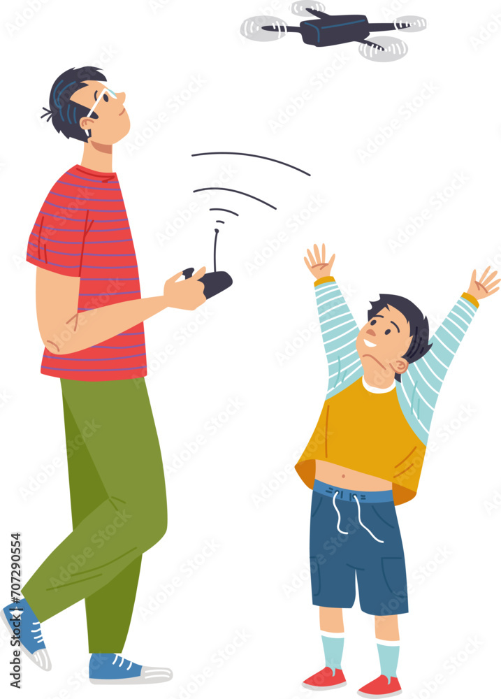 Cheerful son and father character play technology drone, children boy happy jump, male control uav cartoon vector illustration, isolated on white. Concept outdoor family together spending time. Cheerful son and father character play technology drone, children boy happy jump, male control uav cartoon vector illustration, isolated on white. Concept outdoor family together spending time.