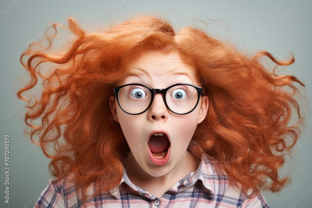 a red hair child in glasses looking surprised.