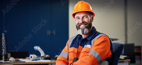 a man in an orange uniform and a beard sitting in front of a desk.