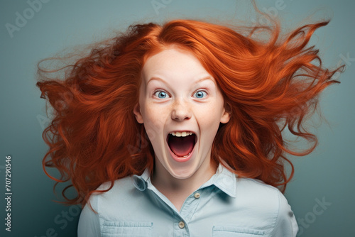 a smiling girl with red hair making an unexpected face.