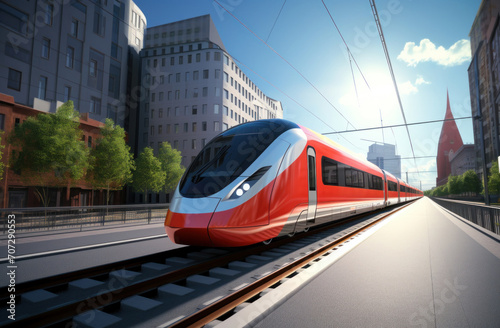 a red fast train moving on a city street.