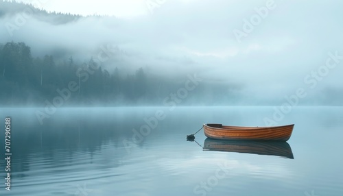 a smaller boat anchored on a lake.