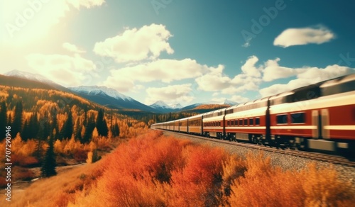 a train is traveling through mountain ranges in autumn.