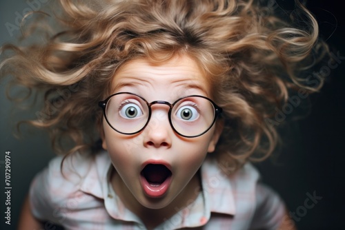 a little girl is surprised with her eyes.