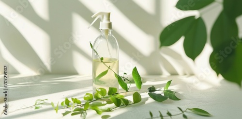 a spray bottle containing leaves and leaves near a table.
