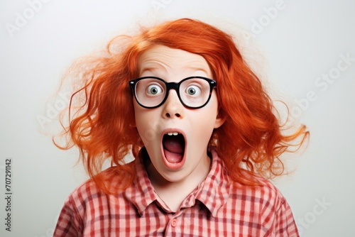 a red hair child in glasses looking surprised.