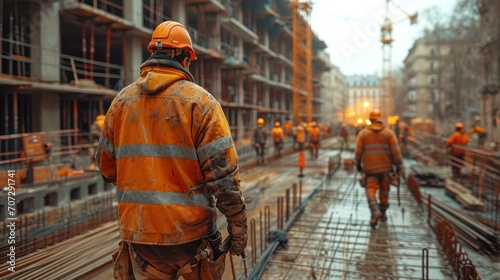 civil engineers stand on the construction site, carefully inspecting the building structure, Civil Engineers Ensuring Structural Integrity, Assessing Building Stability at Construction