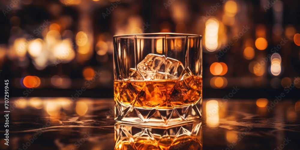 A rustic bar scene with a glass of bourbon with ice cubes on a wooden counter. A rustic bar scene with a glass of bourbon with ice cubes on a wooden counter.