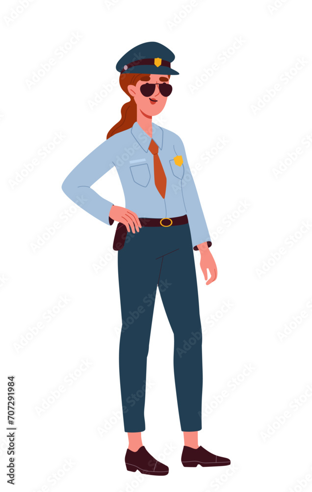 Woman in police profession. Young girl in uniform at workplace. Policewoman and officer, sherrif with badge. Template and layout. Cartoon flat vector illustration isolated on white background Woman in police profession. Young girl in uniform at workplace. Policewoman and officer, sherrif with badge. Template and layout. Cartoon flat vector illustration isolated on white background