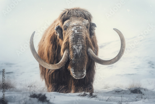 A beautiful enourmous mammoth with tusks amidst a snowy landscape.