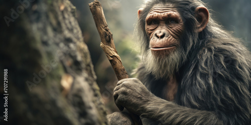 A thoughtful old chimpanzee, an ancestor of humans, sitting in a green jungle environment. photo