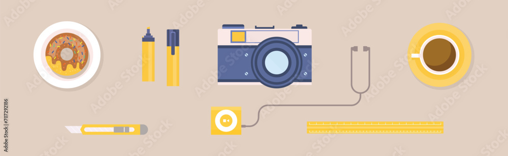 Desktop Object with Highlighter, Donut, Camera, Coffee, Knife and Ruler Vector Set Desktop Object with Highlighter, Donut, Camera, Coffee, Knife and Ruler Vector Set