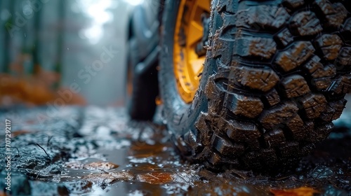 Close-up of Off-Road Tire Covered in Dirt and Mud