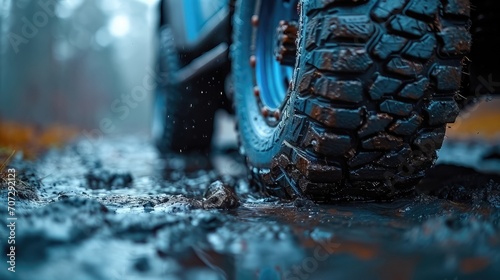 Close-up of Off-Road Tire Covered in Dirt and Mud
