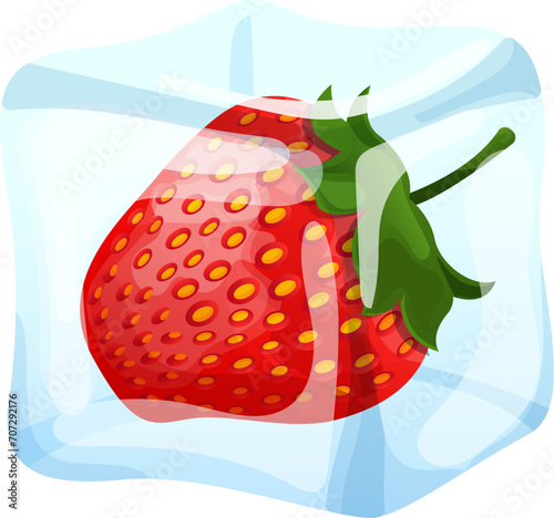 Strawberry frozen in transparent ice block, concept realistic delicious iced berry food icon cartoon vector illustration, isolated on white. Sweetness fresh fruit foodstuff, natural organic.
